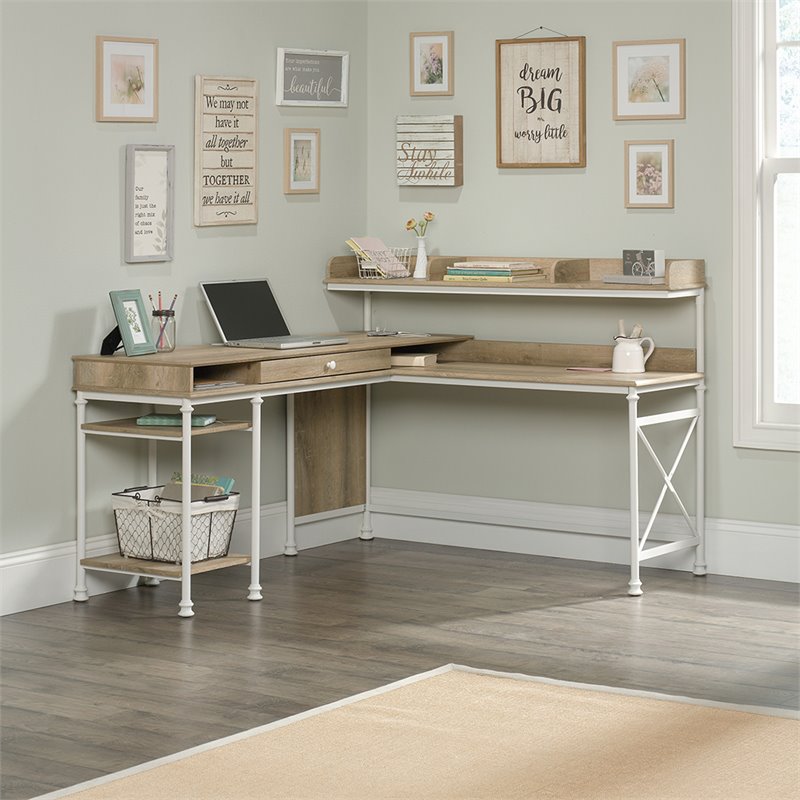 Sauder Canal Street L Shaped Computer Desk In Coastal Oak And White