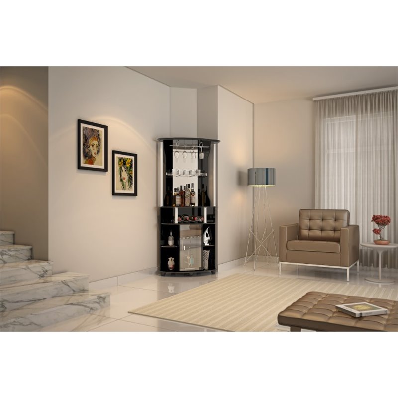 Pemberly Row Corner Bar With Wine Rack In Black