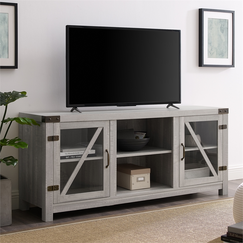 Walker Edison 58 Inch Rustic Farmhouse Tv Stand With Glass