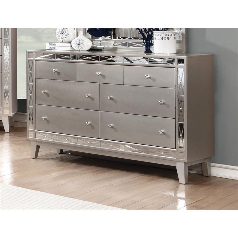 Coaster Leighton 2pc Mirrored Dresser And Nightstand Set In Silver