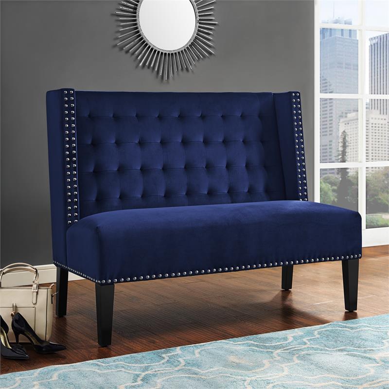 Pri Home Fare Tufted Nailhead Trim Entryway Bench In Navy Blue Velvet