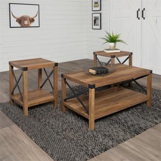 Walker Edison 3 Piece Rustic Wood And Metal Coffee Table Set