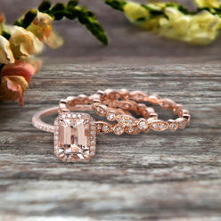 Jeen Jewels Milgrain Trio Set Emerald Cut Morganite Wedding Set Engagement Ring Anniversary Ring 14k Rose Gold Art Deco Ring