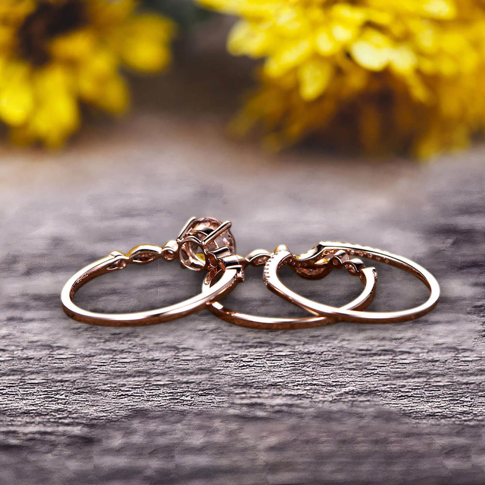 Jeen Jewels Trio Set Round Cut 1.75 Carat VS Pink Morganite Engagement Ring Set Milgrain Crown Wedding Band 10k Rose Gold Art Deco