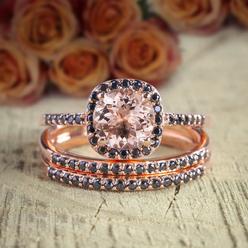 Jeen Jewels 2 carat Round Cut Morganite and Black Diamond Trio Wedding Set Bridal Ring Set with 18k Gold Plating