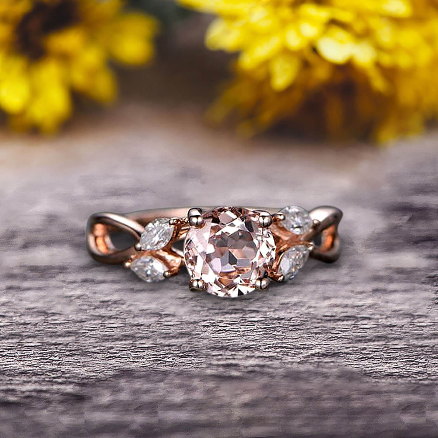 Jeen Jewels Surprisingly 1.25 ct Round Cut Morganite Engagement Ring On 10k Rose Gold Moissanite Ring Promise Ring Art Deco Anniversary Gift
