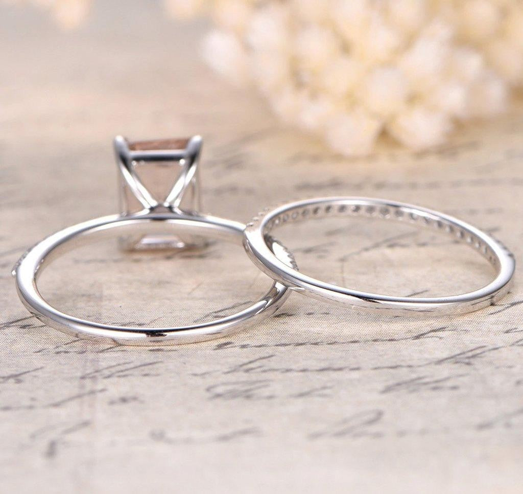 Jeen Jewels Sale 1.50 Carat Peach Pink Morganite (emerald cut Morganite) and Diamond Engagement Ring Wedding Bridal Set in 10k White Gold