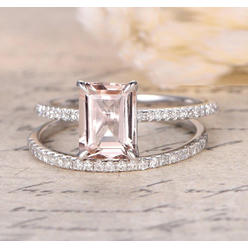 Jeen Jewels Sale 1.50 Carat Peach Pink Morganite (emerald cut Morganite) and Diamond Engagement Ring Wedding Bridal Set in 10k White Gold