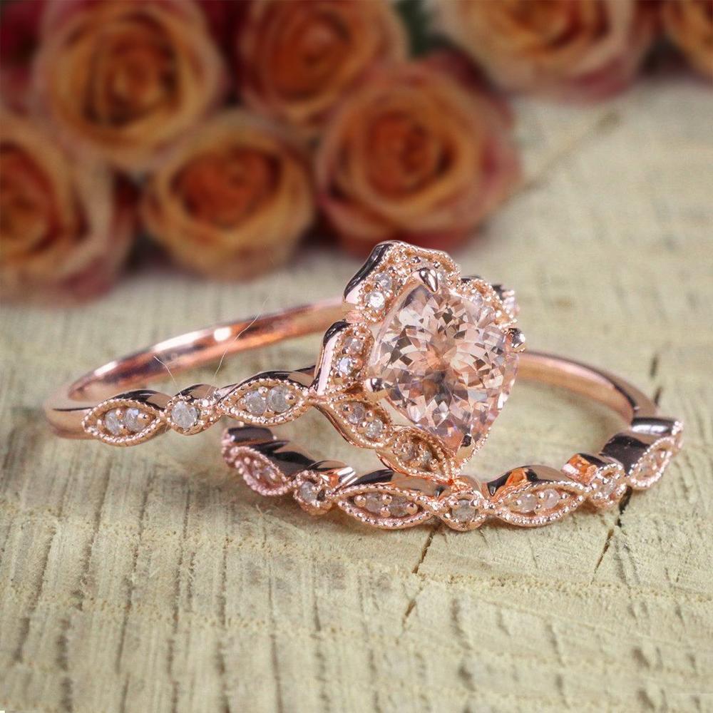 Jeen Jewels Limited Time Sale 2 carat Round Cut Morganite and Diamond Halo Bridal Wedding Ring Set with 18k Gold Plating