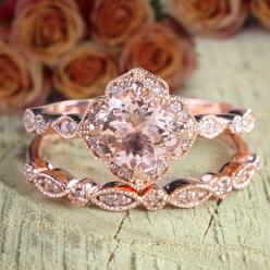 Jeen Jewels Limited Time Sale 2 carat Round Cut Morganite and Diamond Halo Bridal Wedding Ring Set with 18k Gold Plating