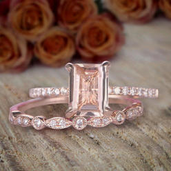 Jeen Jewels 1.50 carat emerald Cut Morganite and Diamond Bridal Set Engagement Ring 10k Rose Gold on Sale