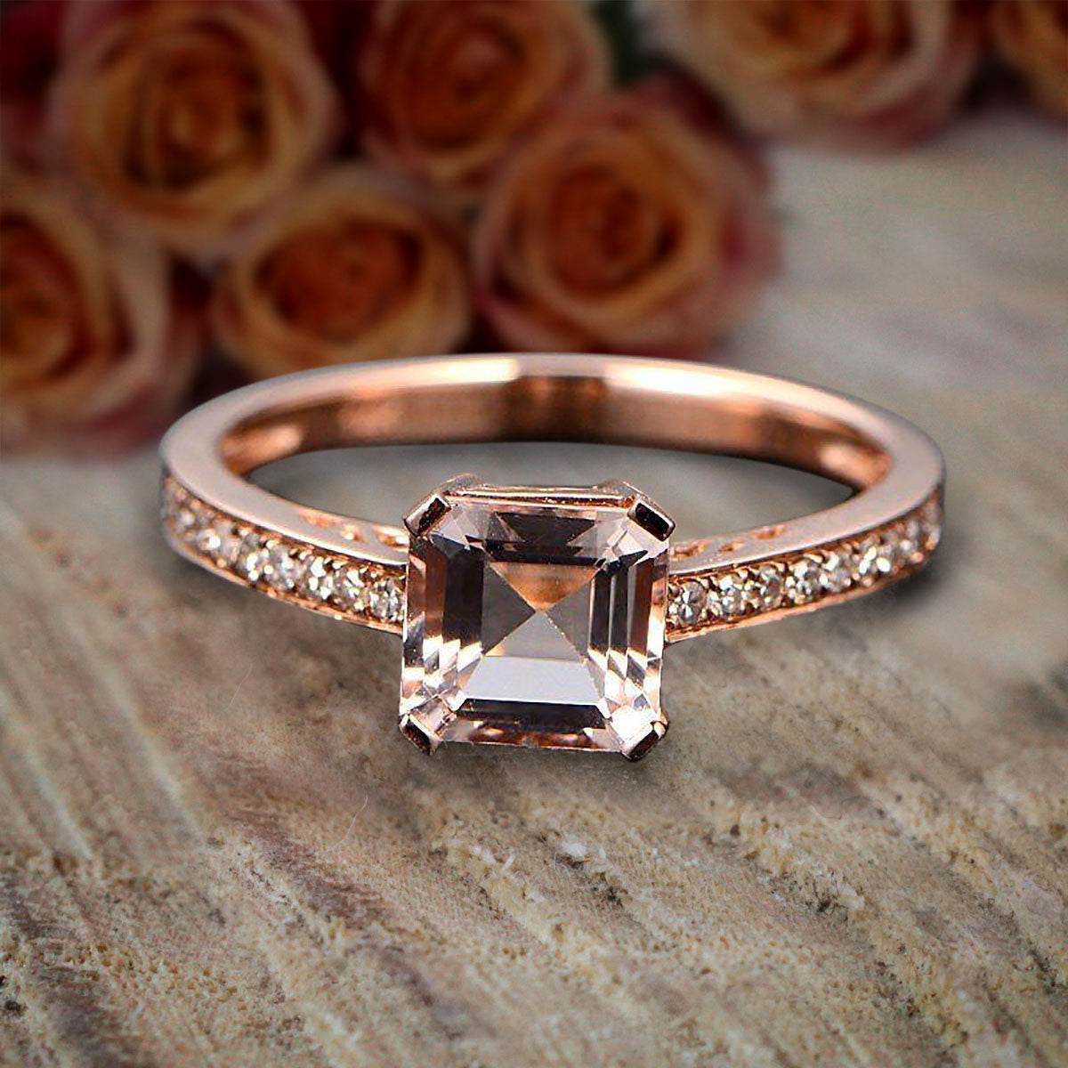Jeen Jewels 1.50 carat Princess Morganite and Diamond Bridal Wedding Ring Set in Rose Gold Bestselling Design