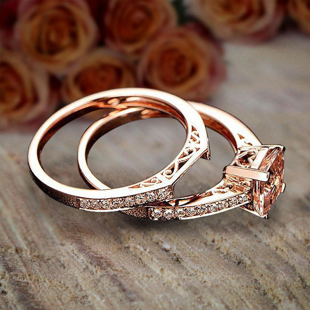 Jeen Jewels 1.50 carat Princess Morganite and Diamond Bridal Wedding Ring Set in Rose Gold Bestselling Design