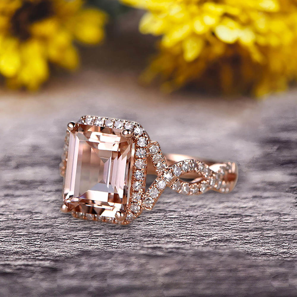 Jeen Jewels 1.50 Carat Emerald Cut Pink Morganite Engagement Ring 10k Rose Gold Promise Ring for Bride or Anniversary Gift Halo Art Deco