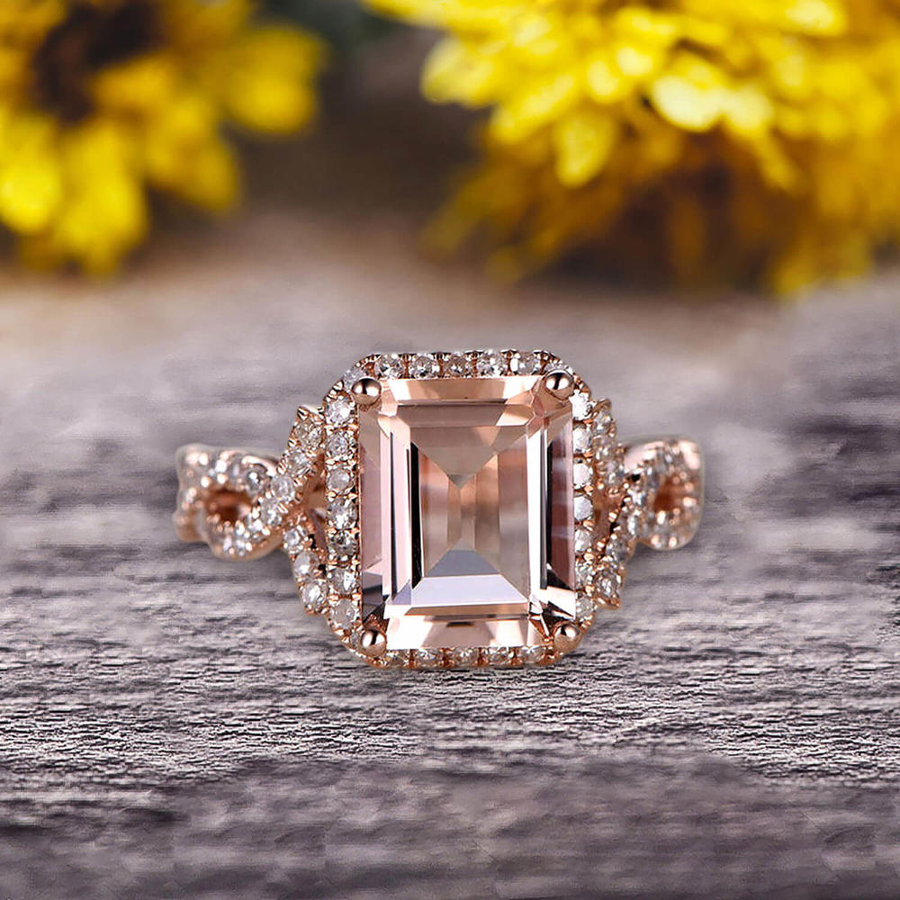 Jeen Jewels 1.50 Carat Emerald Cut Pink Morganite Engagement Ring 10k Rose Gold Promise Ring for Bride or Anniversary Gift Halo Art Deco