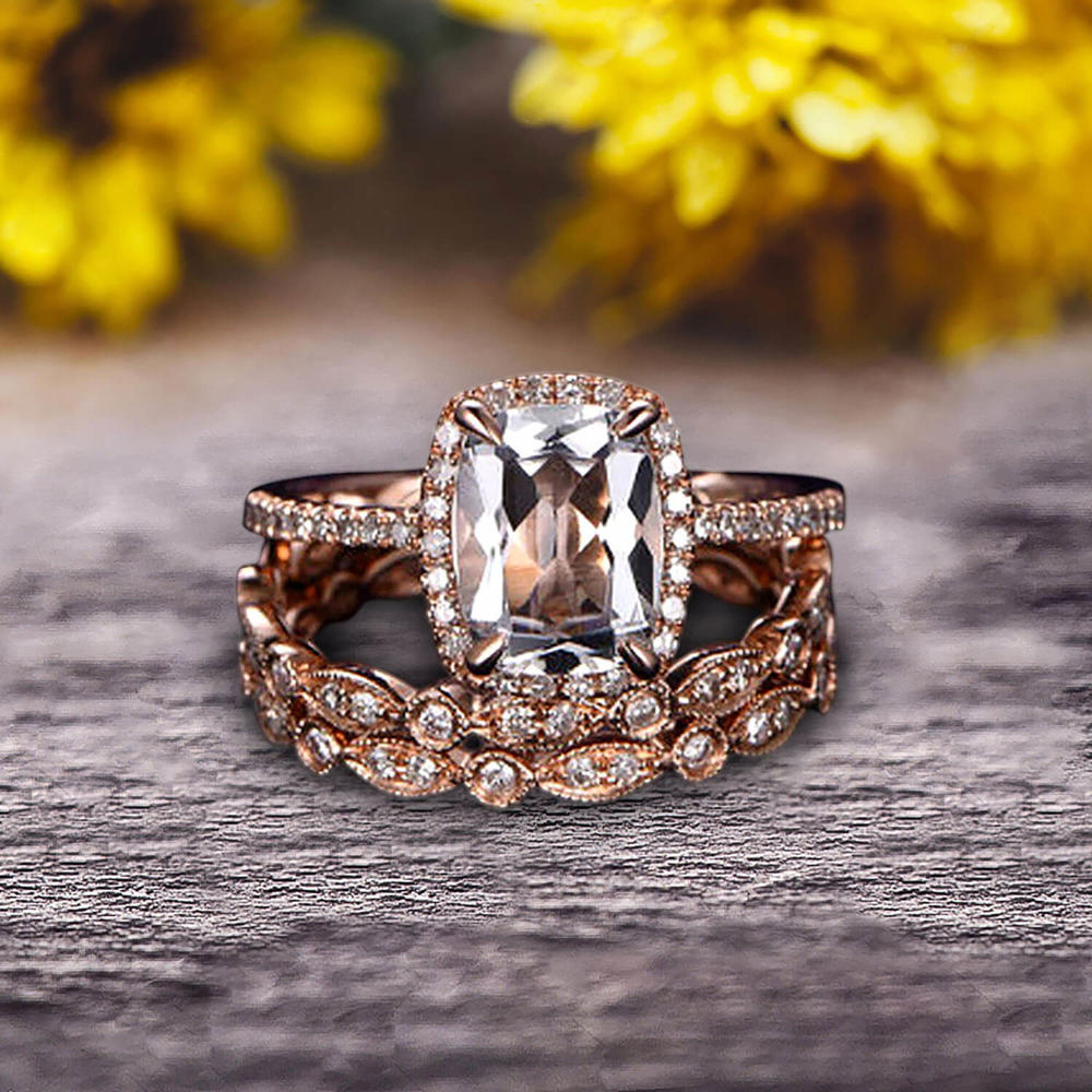 Jeen Jewels 3Pcs Morganite 2 Carat Trio Ring Set Engagement Ring On Solid 10k Rose Gold Full Eternity Ring Art Deco Milgrain Promise Ring