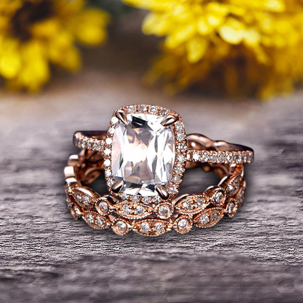 Jeen Jewels 3Pcs Morganite 2 Carat Trio Ring Set Engagement Ring On Solid 10k Rose Gold Full Eternity Ring Art Deco Milgrain Promise Ring