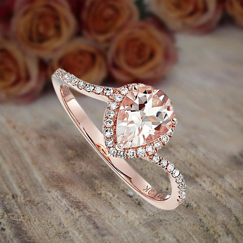 Jeen Jewels 1.25 Carat Peach Pink Morganite (pear cut Morganite) and Diamond Engagement Ring in 10k Rose Gold