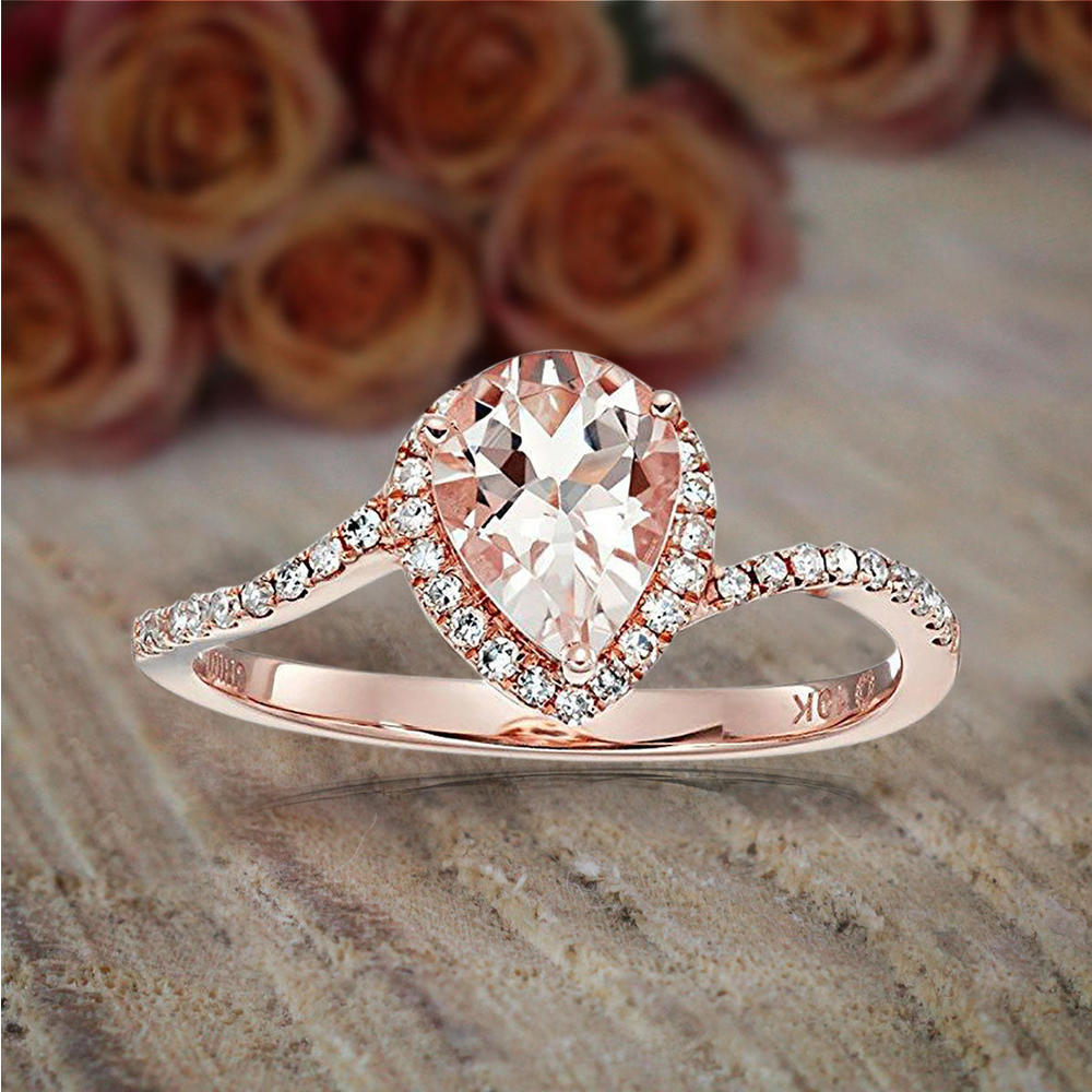 Jeen Jewels 1.25 Carat Peach Pink Morganite (pear cut Morganite) and Diamond Engagement Ring in 10k Rose Gold