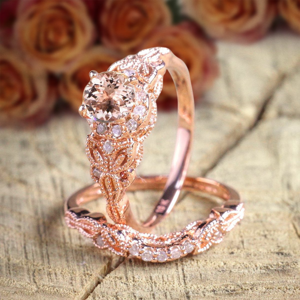 Jeen Jewels Art Deco Morganite Bridal Set 1.50 carat Morganite Diamond Halo Wedding Ring Set with 18k Gold Plating