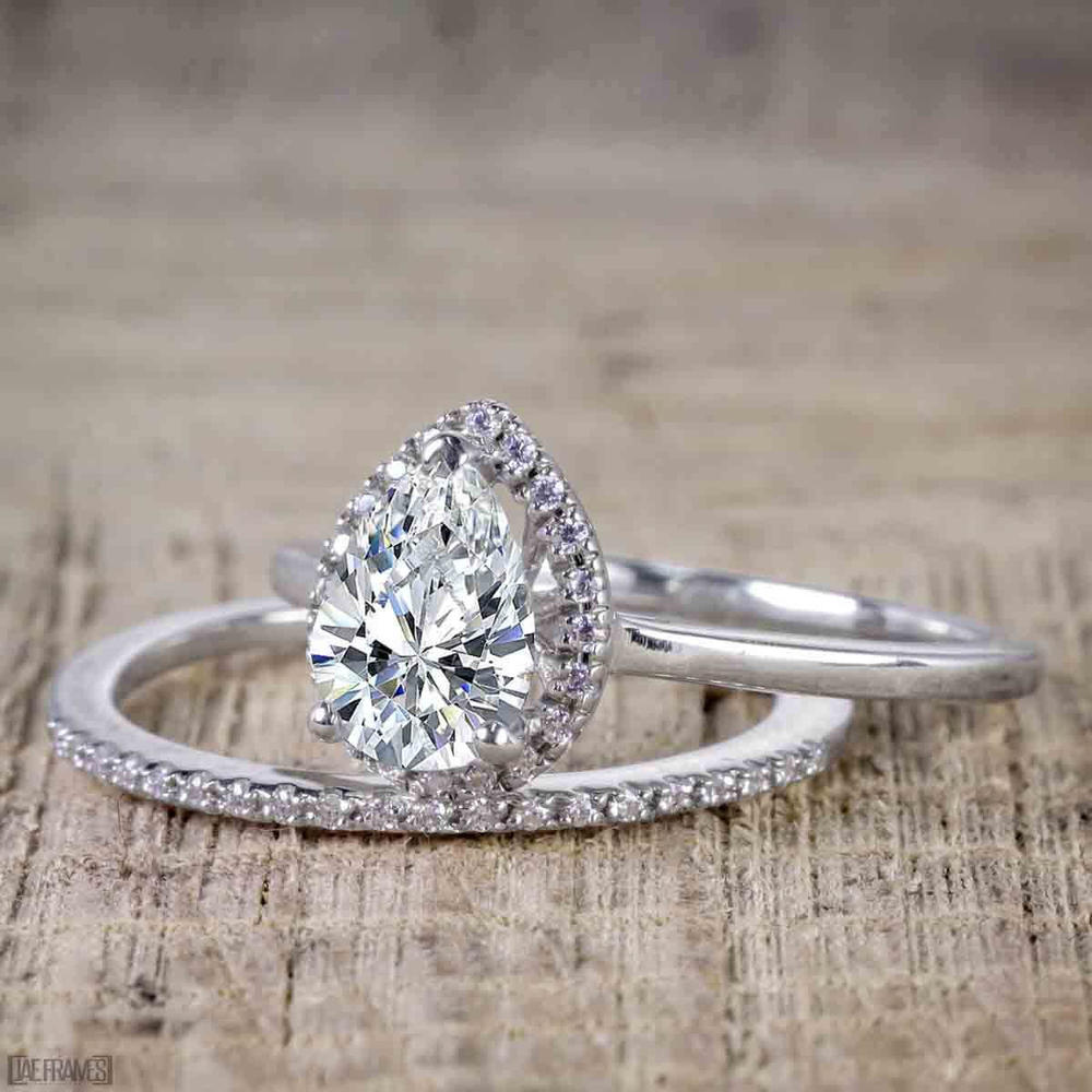 Jeen Jewels 2 Carat Pear cut Moissanite and Diamond Halo Wedding Ring Set in White Gold