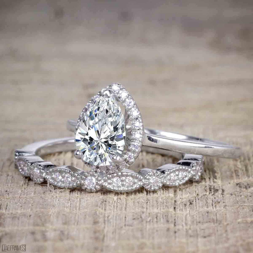 Jeen Jewels 2 Carat Pear cut Moissanite and Diamond Halo Wedding Ring Set in White Gold