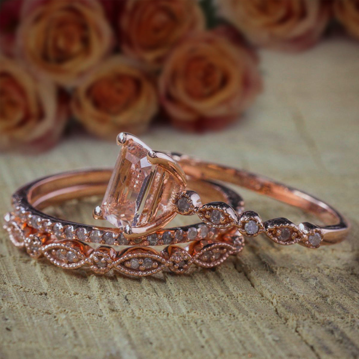 Jeen Jewels 2 carat Morganite and Diamond Trio Ring Set in 10k Rose Gold Engagement Ring with two matching bands