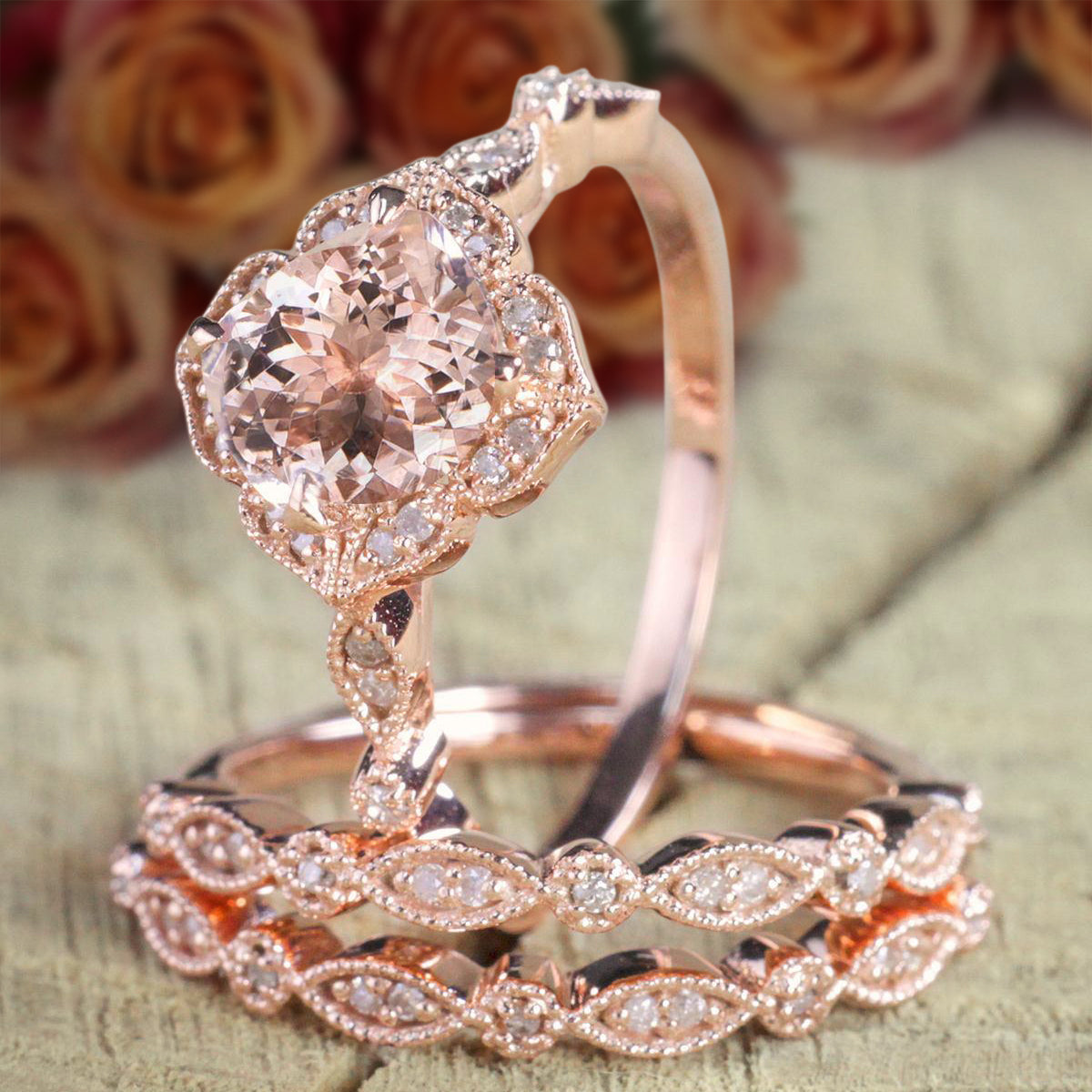 Jeen Jewels 2.25 carat Morganite Diamond Trio Bridal Ring Set 10k Rose Gold, 1 Engagement Ring 2 Wedding Bands