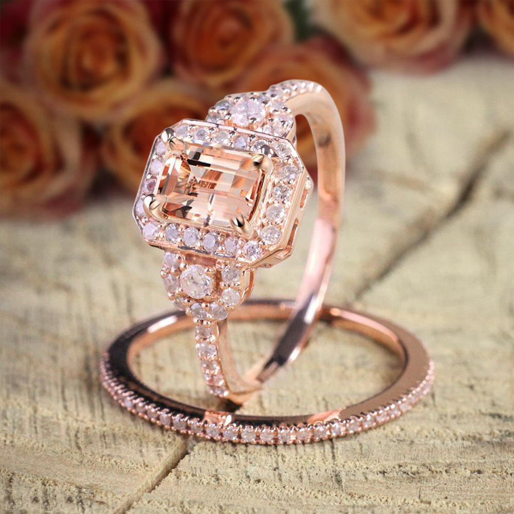 Jeen Jewels Huge Sale 1.50 carat Morganite and Diamond Halo Bridal Wedding Ring Set in Rose Gold Designer Style