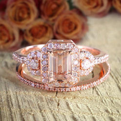 Jeen Jewels Huge Sale 1.50 carat Morganite and Diamond Halo Bridal Wedding Ring Set in Rose Gold Designer Style