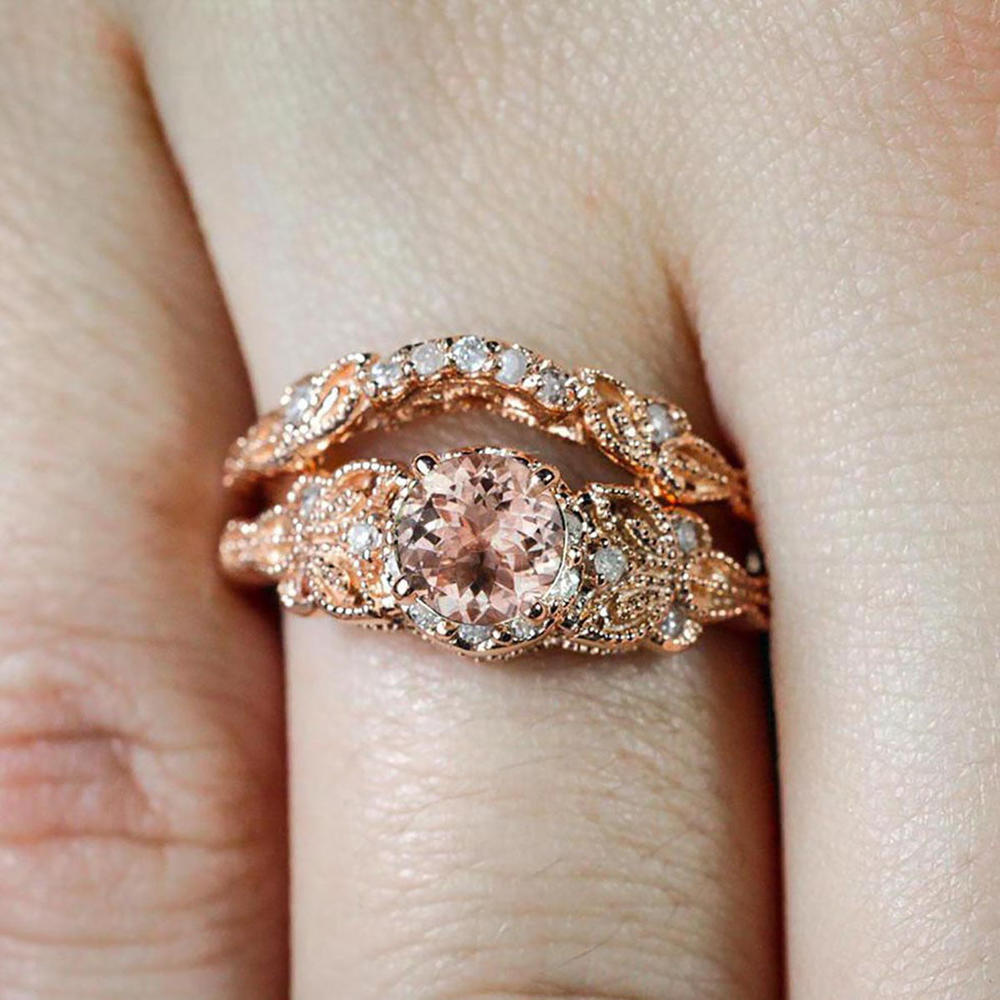 Jeen Jewels Limited Time Sale 1.50 carat Round Cut Morganite Diamond Halo Bridal Wedding Ring Set in Rose Gold