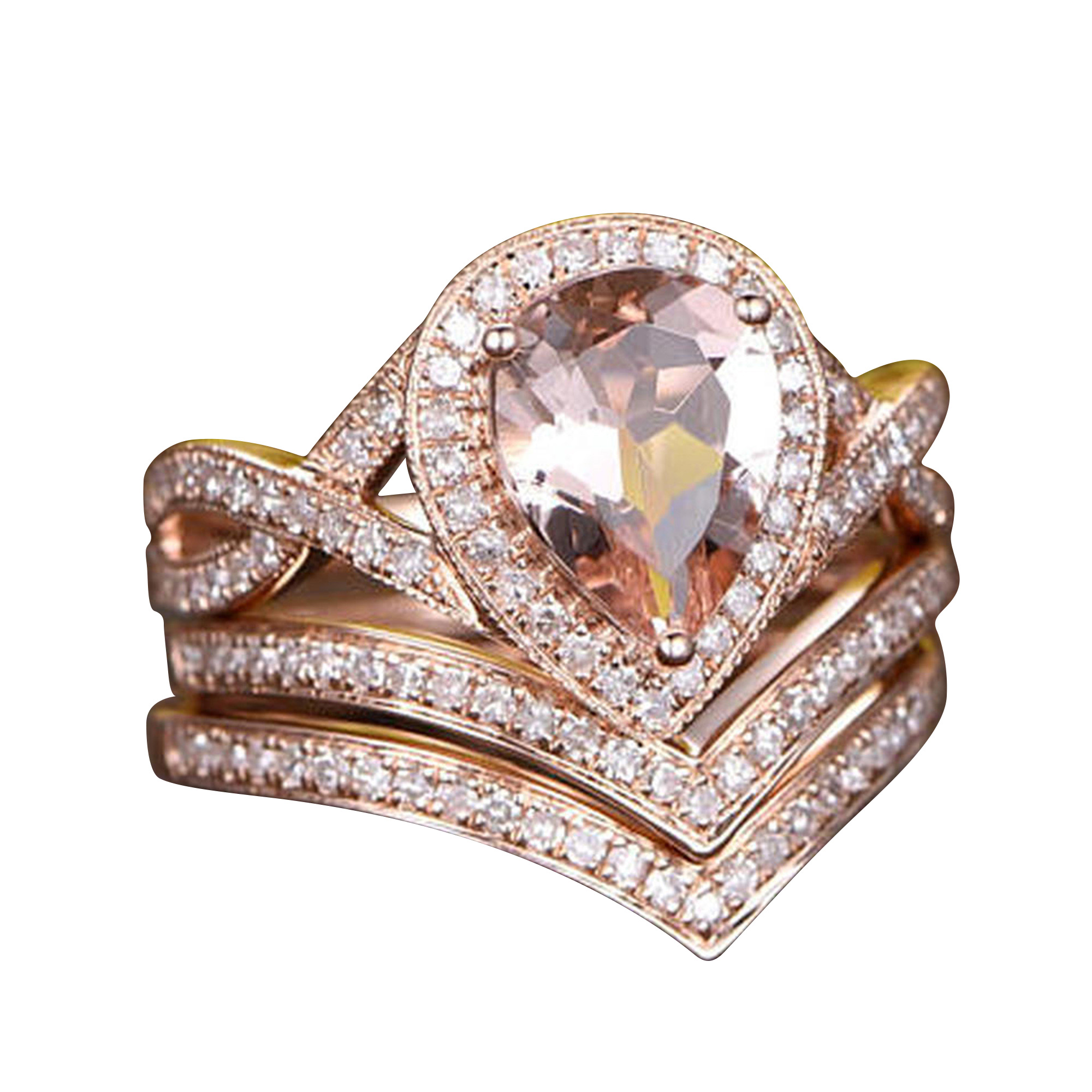 JeenJewels 3pcs 5.25 Carat 11x8mm Pear Cut Morganite Ifinity Diamond Moissanite Bridal Ring Set 10k Rose Gold