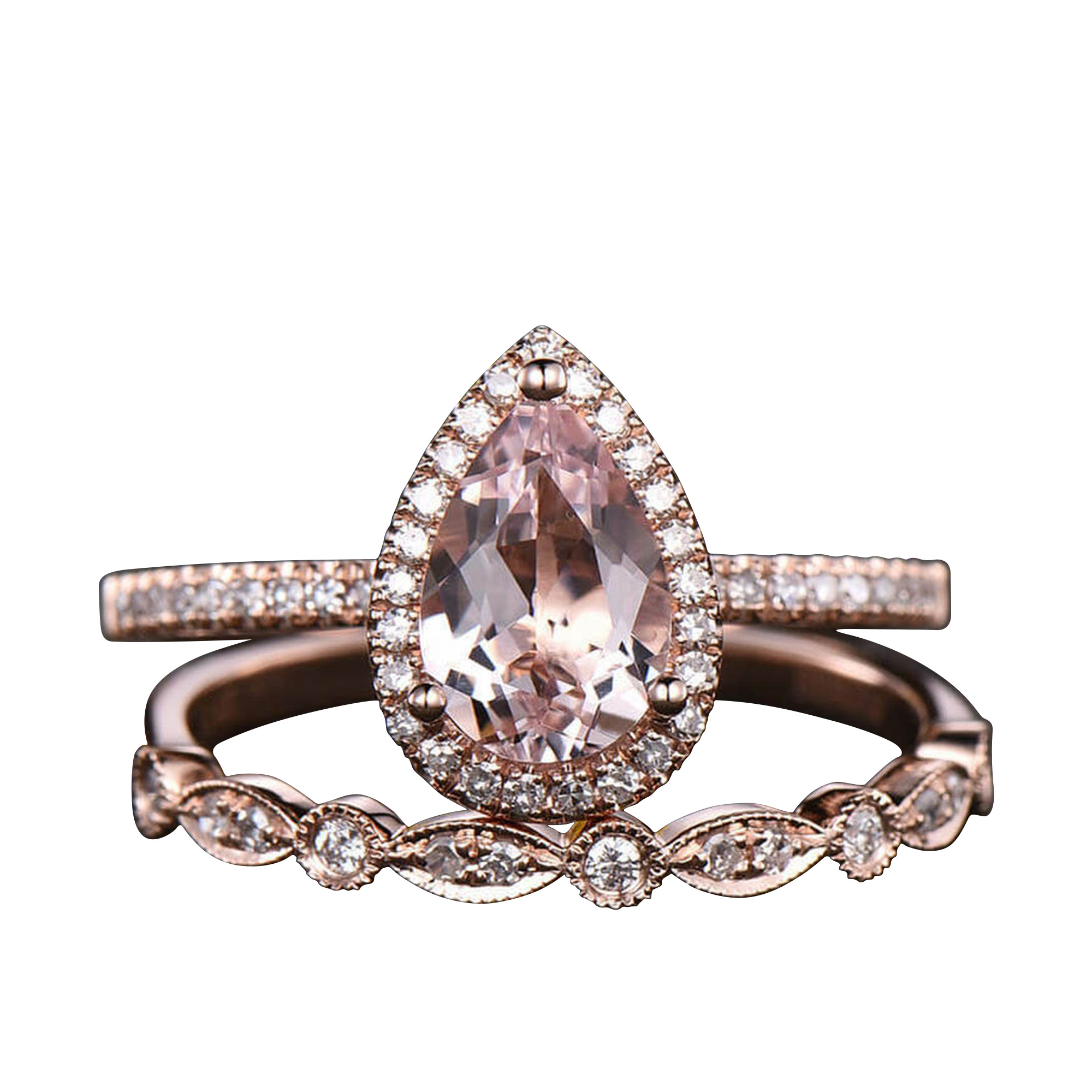 JeenJewels Pear Cut 10k Rose Gold Morganite Wedding Set Diamond Moissanite Half Eternity Ring 11x8mm 4.25 Carat Teardrop Art Deco
