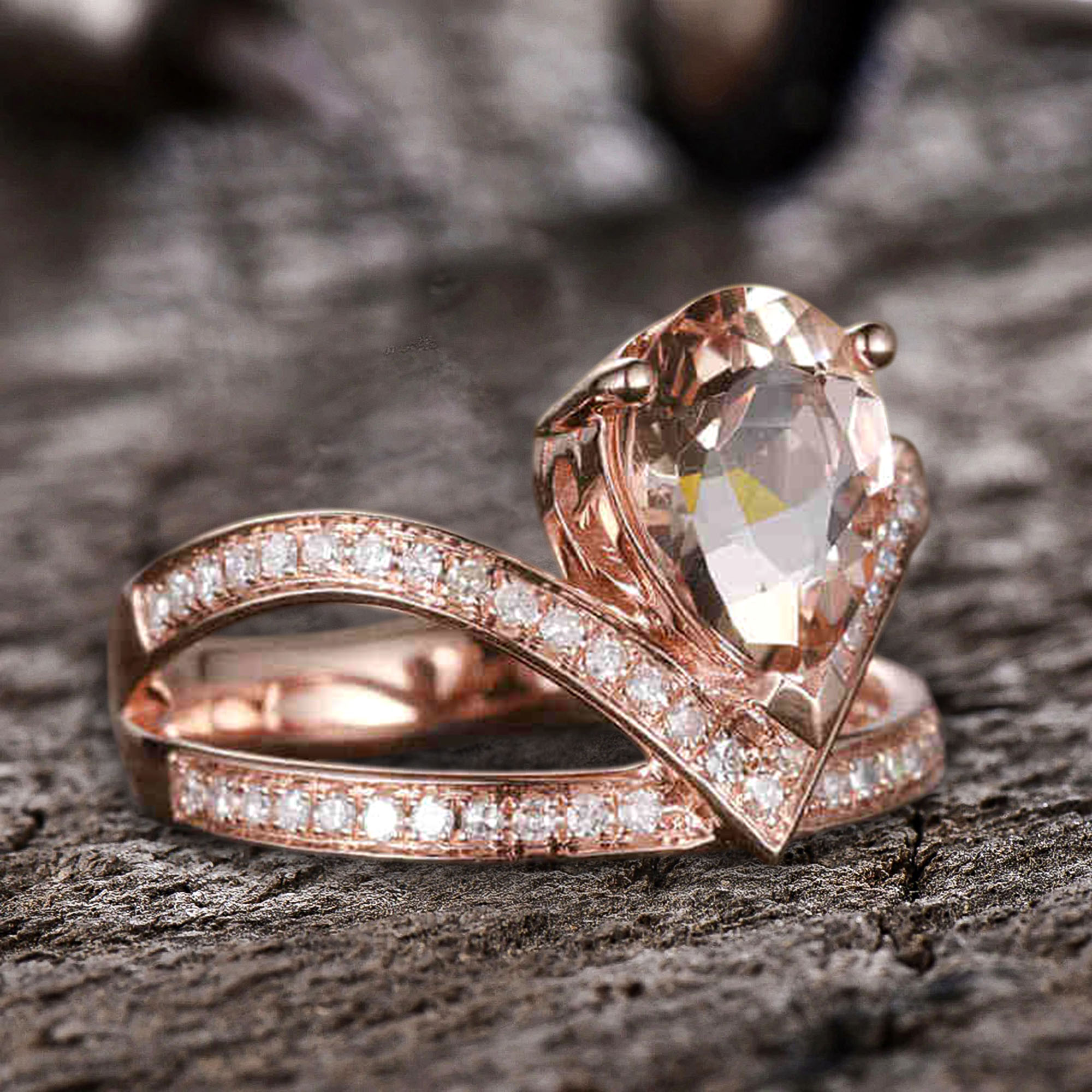 JeenJewels 11x8mm Pear Cut 4 Carat Morganite Engagement Ring Diamond Moissanite Wedding Ring 10k Rose Gold Curved V Split Shank band