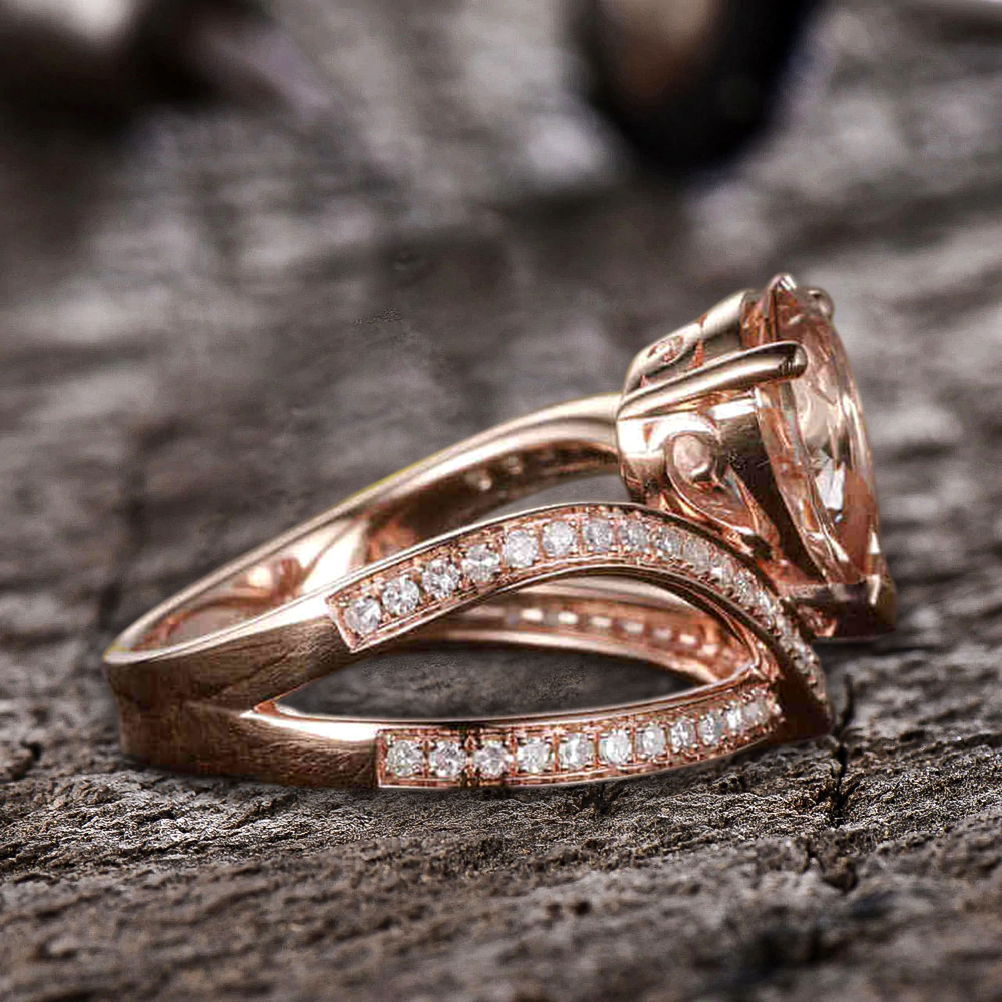JeenJewels 11x8mm Pear Cut 4 Carat Morganite Engagement Ring Diamond Moissanite Wedding Ring 10k Rose Gold Curved V Split Shank band