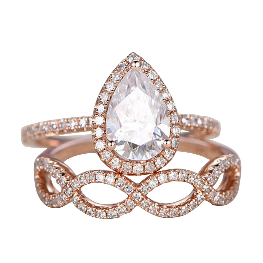 JeenJewels 2pcs 11x8mm Tear Droped Diamond Moissanite Engagement Ring set 4.75 Carat Pear Shape Wedding ring Solid 10K Rose Gold