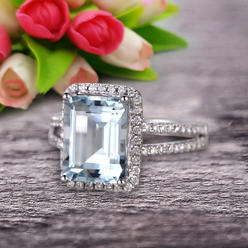 JeenJewels 2 Carat 7x5mm Emerald Cut Aquamarine Engagement Ring Diamond Wedding Ring on 10k White Gold