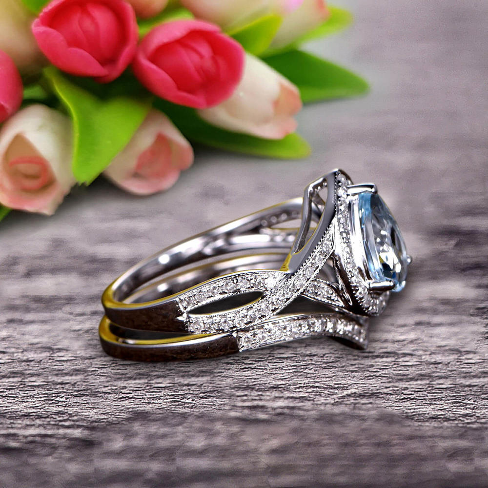 JeenJewels 2.50 Carat 8x6mm Pear Shape Teardrop Aquamarine Bridal Set Diamond Wedding Ring On 10k White Gold