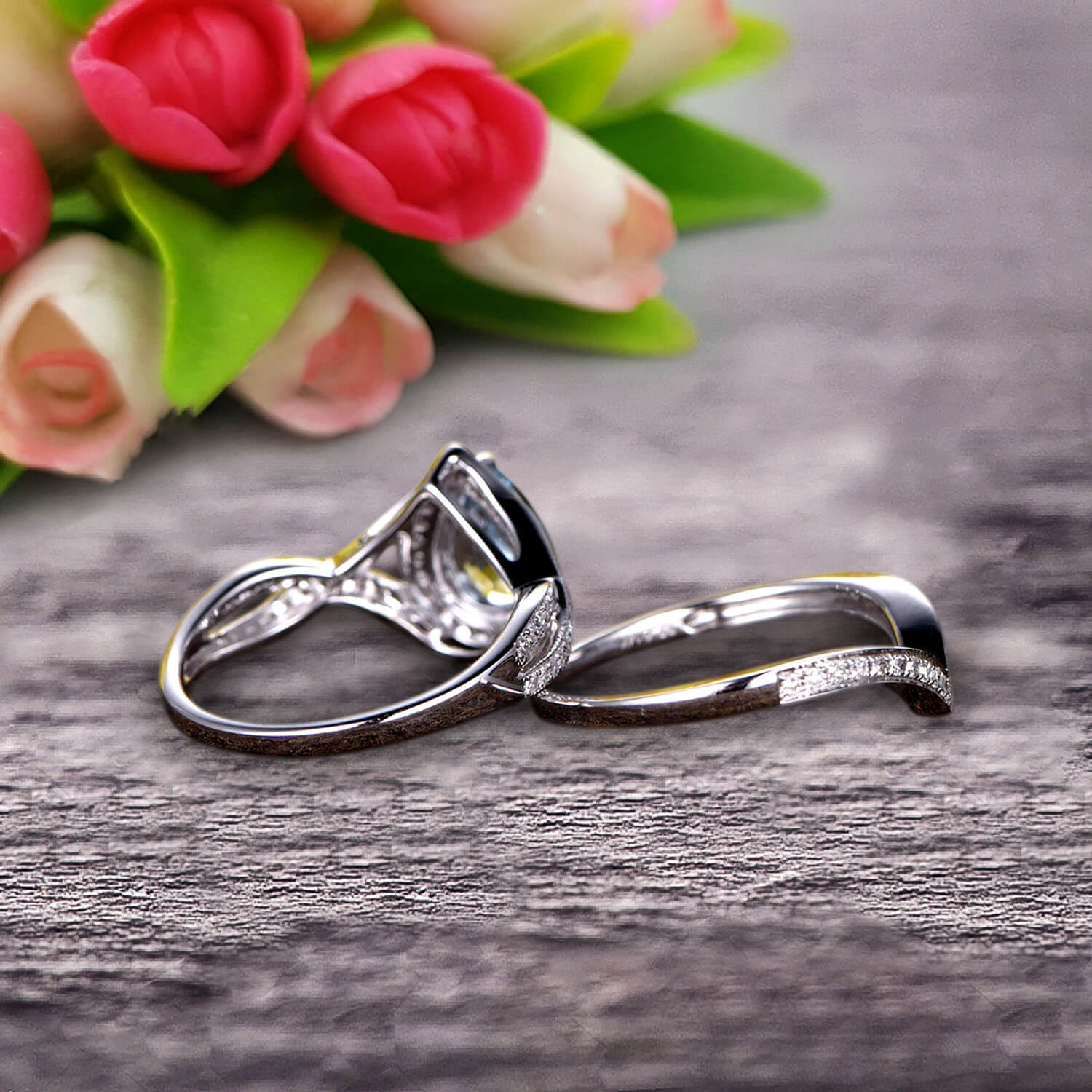 JeenJewels 2.50 Carat 8x6mm Pear Shape Teardrop Aquamarine Bridal Set Diamond Wedding Ring On 10k White Gold