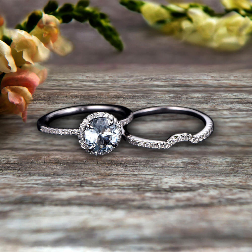 JeenJewels 6mm Round Cut 2.25 Carat Aquamarine Engagement Ring Set With Curved Diamond Matching Band 10k White Gold Bridal Ring Set
