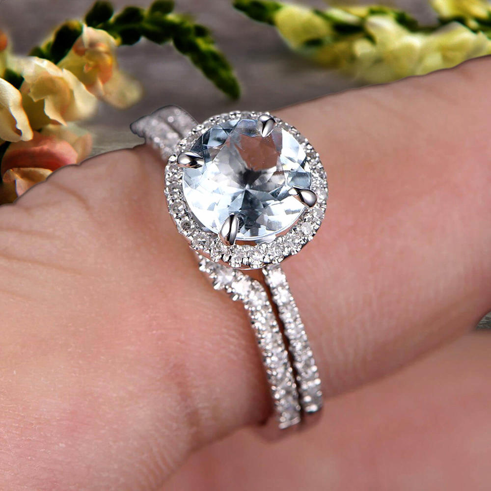 JeenJewels 6mm Round Cut 2.25 Carat Aquamarine Engagement Ring Set With Curved Diamond Matching Band 10k White Gold Bridal Ring Set