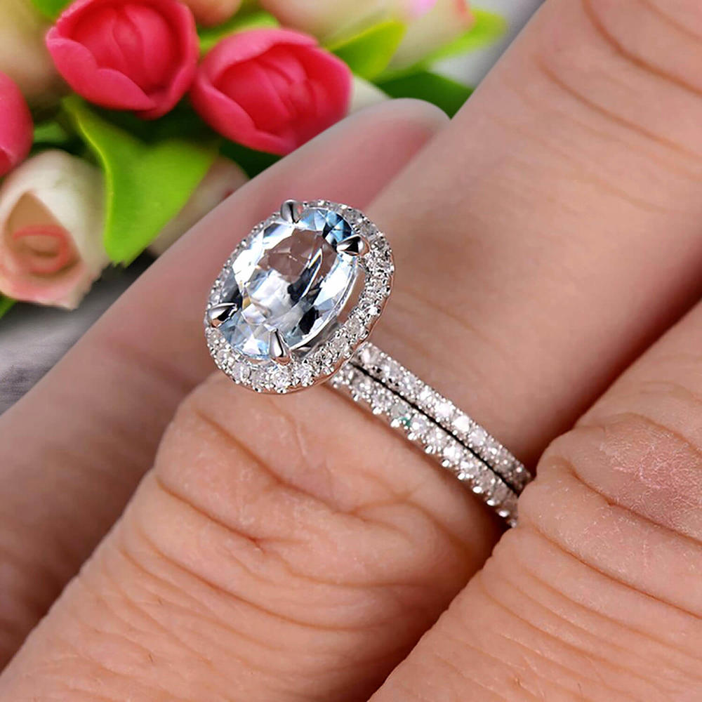 JeenJewels 2.5 Carat 8x6mm Oval Cut Aquamarine Wedding Anniversary Gift Bridal Set Engagement Ring On 10k White Gold Matching Band Art Deco