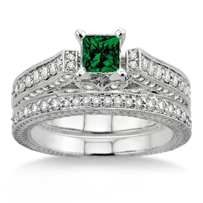 JeenJewels Classic Art Deco 2.75 Carat  6mm Princess Cut Antique Bridal Set Diamond Moissanite Engagement Ring on 10k White Gold