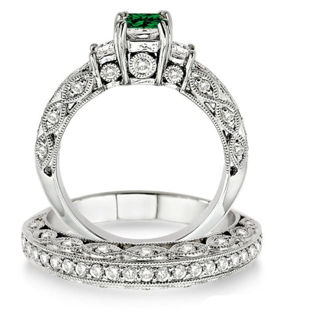 JeenJewels Art Deco 2.25 Carat 6mm Princess Cut Diamond Moissanite Engagement Ring Antique Milgrain Trilogy Bridal Set on 10k White Gold