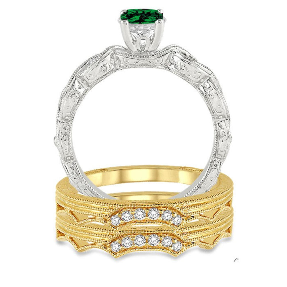 JeenJewels Classic Art Deco 6mm Round Cut 2 Carat Vintage Trio Bridal Set Diamond Moissanite Engagement Ring on 10k Yellow Gold