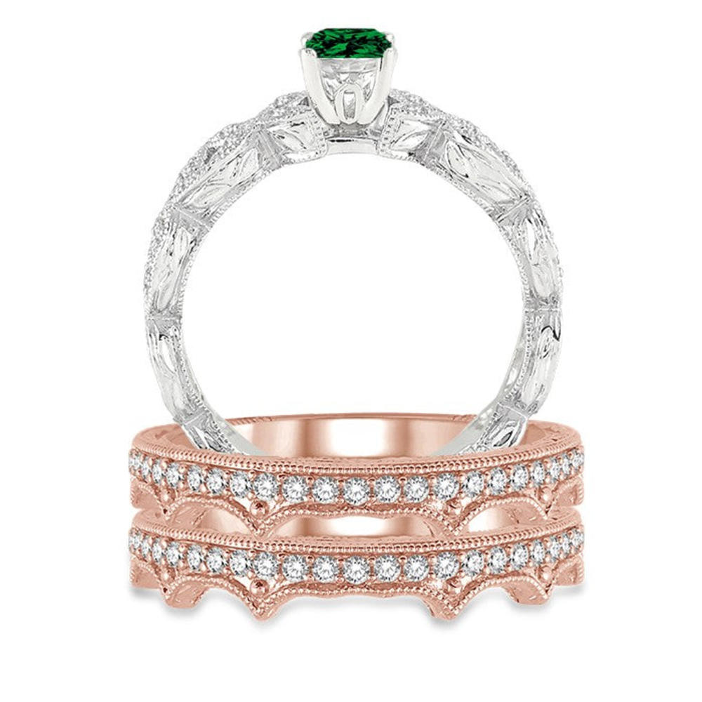 JeenJewels Classic Art Deco 2.75 Carat 6mm Round Cut Diamond Moissanite Antique Trio Bridal Set Engagement Ring on 10k Rose Gold