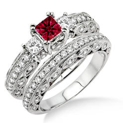 JeenJewels 2.5 Carat Red Ruby Diamond Moissanite Antique Milgrain Trilogy Bridal Set on 10k White Gold