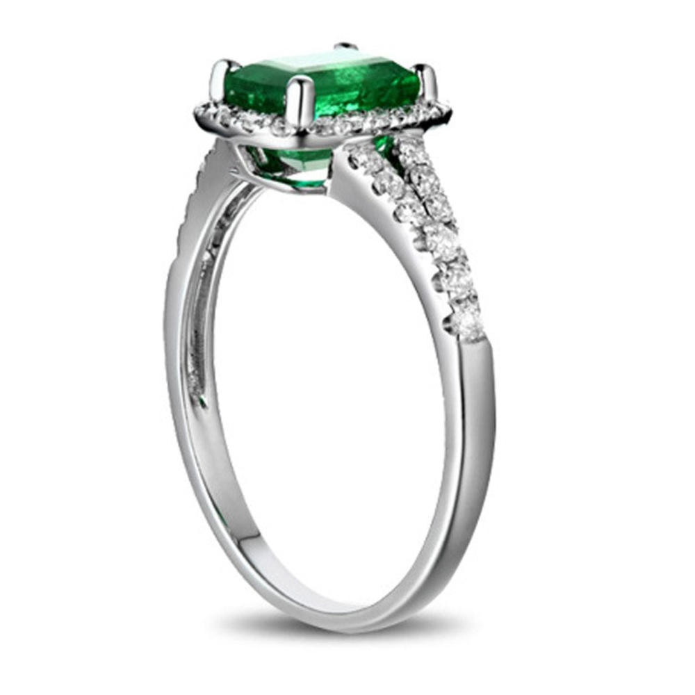 JeenJewels Halo Art Deco 7x5mm Green Emerald Cut 1.75 Carat And Moissanite Diamond Engagement Ring in 10k White Gold