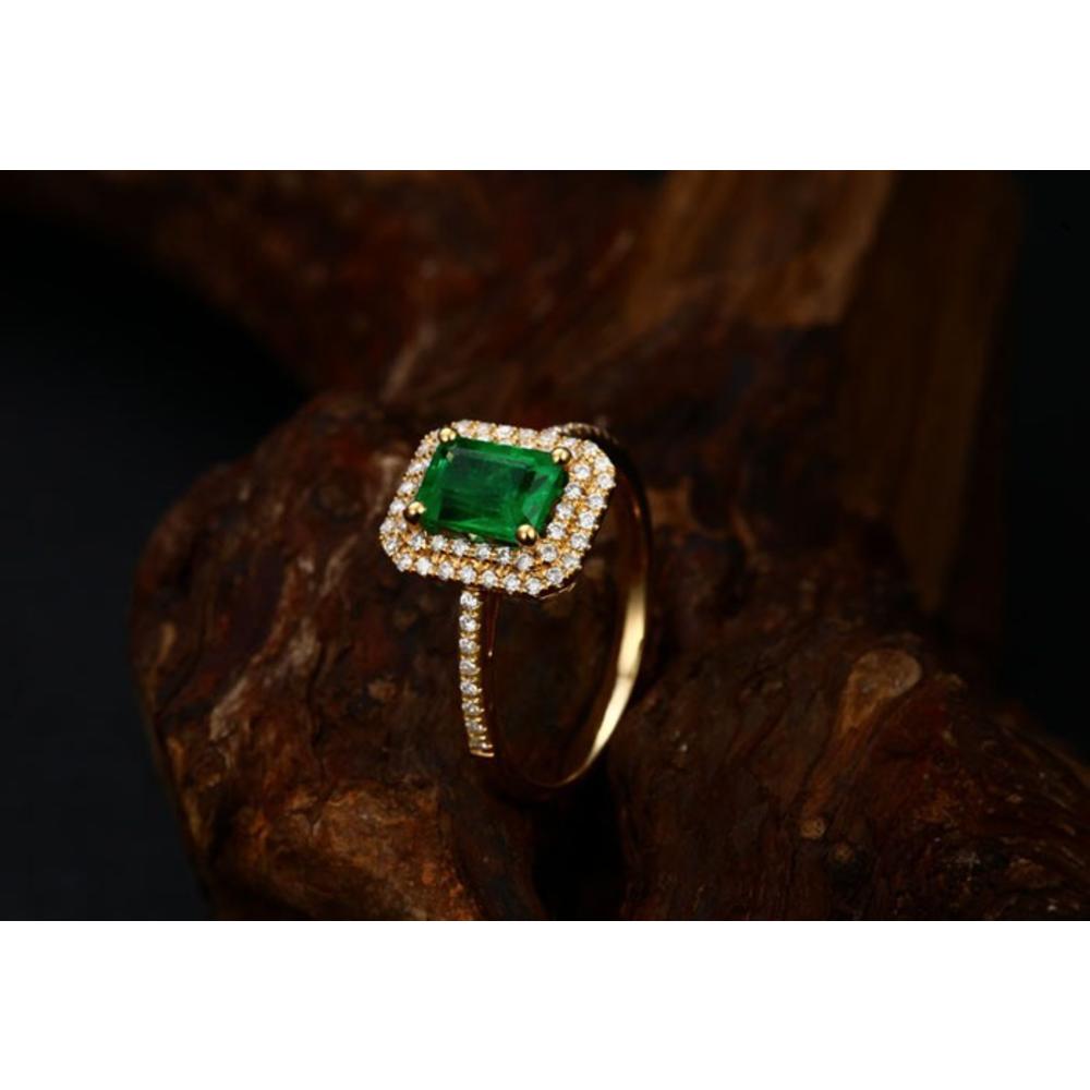JeenJewels Designer 1.75 Carat 7x5mm Emerald Cut Moissanite Diamond Double Halo Engagement Ring in 10k Yellow Gold