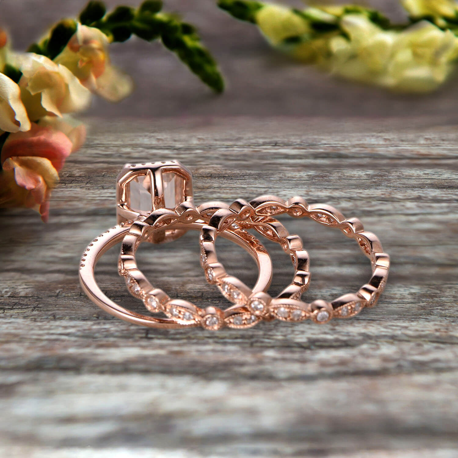 JeenJewels Trio Set 2.75 Carat 7x5mm Emerald Cut Morganite Wedding Engagement Anniversary Ring 14k Rose Gold Art Deco Startling Ring